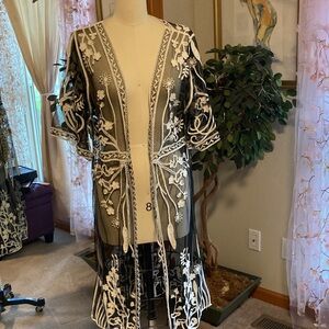 Elegant Black and White Floral Embroidered Wrap